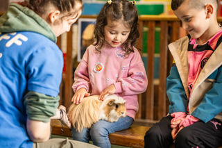 An image of a girl with a guinea pig rested on her lap. Whilst she gently strokes the guinea pig, a boy waits patiently for his turn.