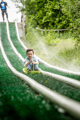 An action shot of a boy zooming down a wet artificial grass slide in a sledge, whilst being sprayed in the face with sprinklers.