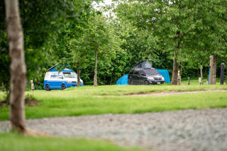 An image of two VW campervans parked up on luscious, green pitches at Cantref Holidays.